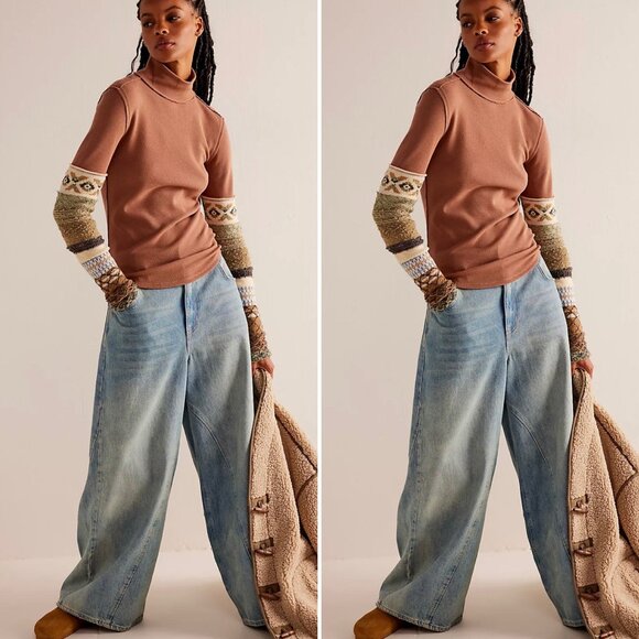 We The Free All Too Well Cuff Turtleneck Top in Raw Umber Combo XS NWT - Picture 1 of 12